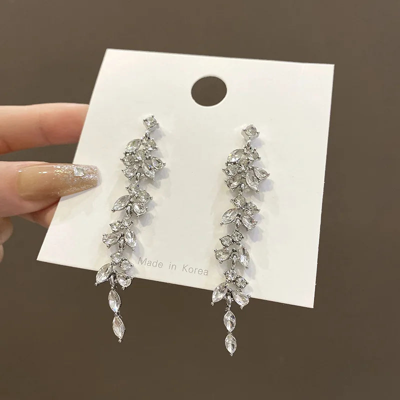 Luxury Leaf Crystal Long Earrings Women