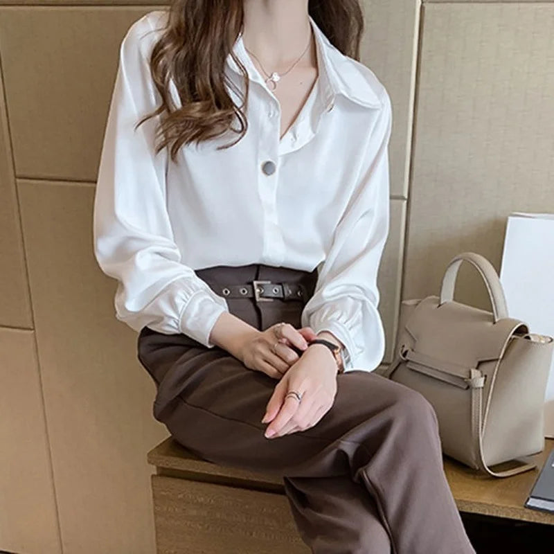 White Shirts Women Vintage Single Breasted Loose Elegant Office Female