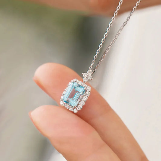 Square Light Blue Cubic Zirconia Necklace Women