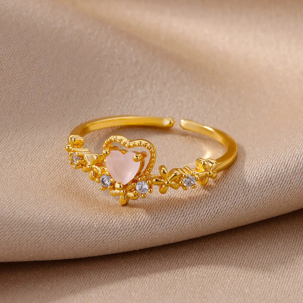 Trend Pink Zircon Love Heart Charm Adjustable Rings For Women