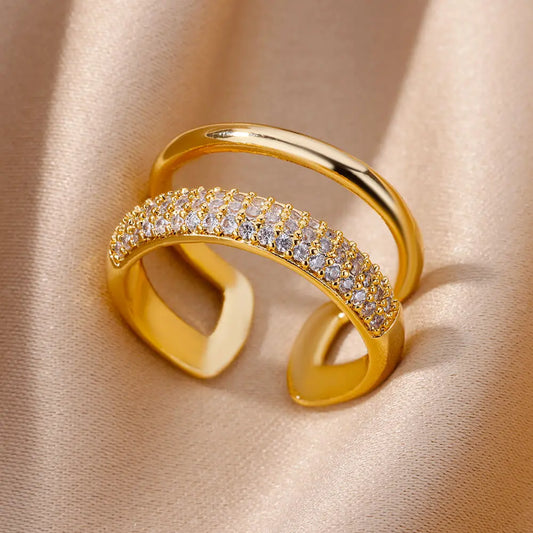 Zircon Round Double Layer Ring Gold Plated