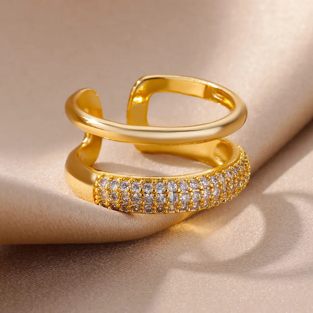 Zircon Round Double Layer Ring Gold Plated