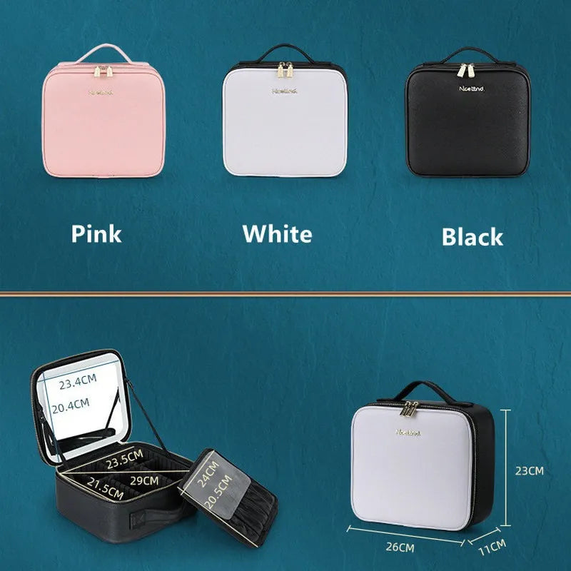 New LED Lighted Cosmetic Case with Mirror Waterproof Leather Travel Makeup Storage Bags