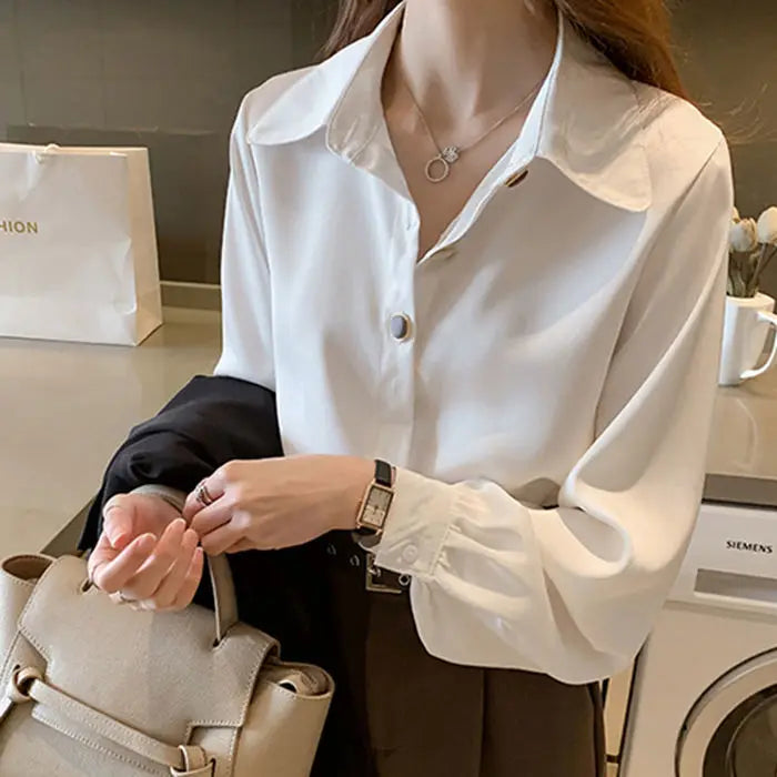 White Shirts Women Vintage Single Breasted Loose Elegant Office Female