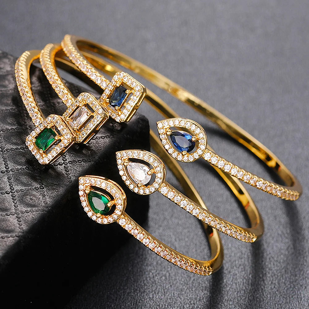 Luxury Green/White/Blue Cubic Zirconia Cuff Bracelet Bangle for Women