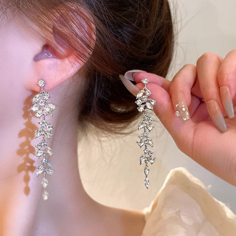 Luxury Leaf Crystal Long Earrings Women