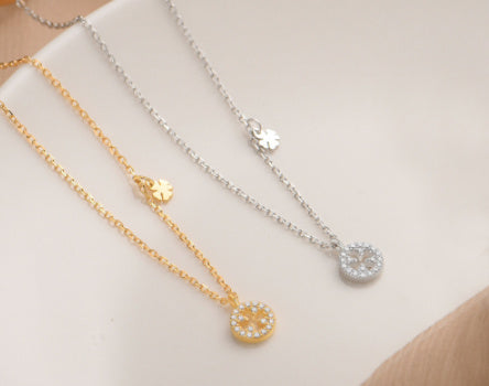 S925 Silver Diamond Clover Element Round Necklace Elegant Sweet Style Clavicle Chain Female