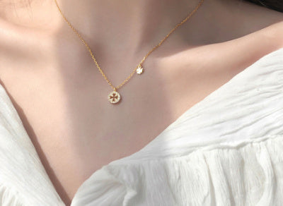 S925 Silver Diamond Clover Element Round Necklace Elegant Sweet Style Clavicle Chain Female